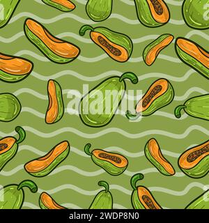 Nahtloses Papaya-Fruchtmuster im Cartoon-Stil. Perfekt für Hintergrund-, Hintergrund-, Hintergrund- und Deckblattverpackungen. Vektorabbildung. Stock Vektor