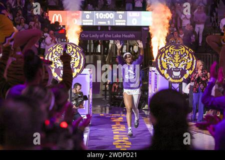 Baton Rouge, LA, USA. Januar 2024. LSU's Angel Reese (10) wird vor der NCAA Women's Basketball Action zwischen den Arkansas Razorbacks und den LSU Tigers im Pete Maravich Assembly Center in Baton Rouge, LA, vorgestellt. Jonathan Mailhes/CSM/Alamy Live News Stockfoto