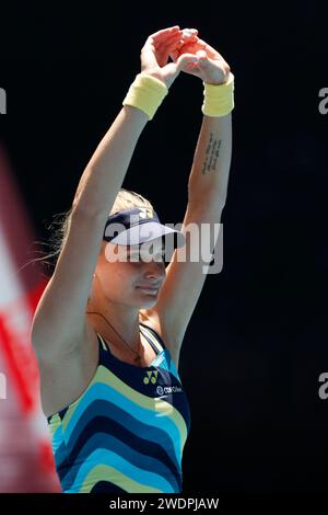 Melbourne Park, Melbourne, Victoria, Australien. Januar 2024. Australian Open Tennis Championship Day 9; Dayana Yastremska UKR) feiert nach dem Spiel der vierten Runde gegen Victoria Azarenka Credit: Action Plus Sports/Alamy Live News Stockfoto