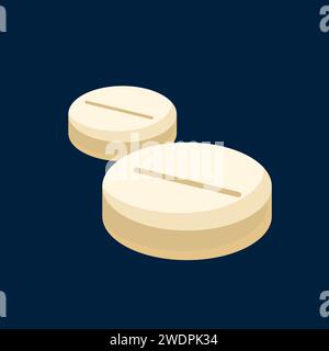 Medizinische Tabletten in beigefarbener Farbe mit einem Streifen in der Mitte oder zwei Vitaminen für Krankheiten auf einem dunkelblauen Hintergrund. Symbole. Vektor Stock Vektor