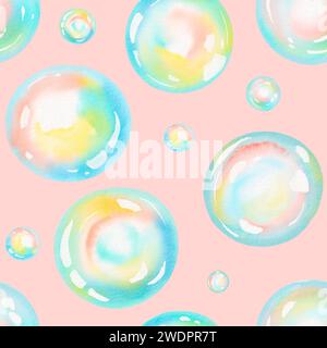 Aquarellkreise nahtloses Muster. Runde Formen. Gemaltes Ornament. Bunte Seifenblasen. Rosafarbener Hintergrund Stockfoto