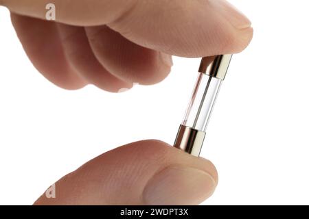 Sicherung in der Hand isoliert auf weißem Hintergrund Stockfoto