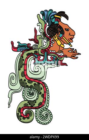 Kukulkan, die Sehschlange, eine Gottheit der Maya-Mythologie. Eng verwandt mit dem aztekischen Quetzalcoatl. Klassische Maya-Vision, wie sie in Yaxchilan dargestellt wird. Stockfoto