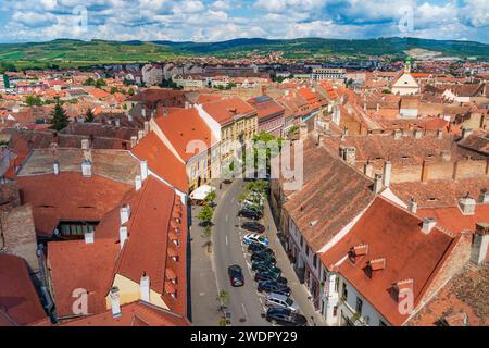 Luftaufnahme von Häusern in Sibiu, Siebenbürgen, Rumänien Stockfoto