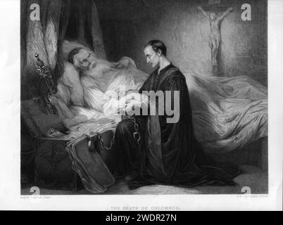 Der Tod von Columbus - Stippelstich von David Joseph Desvachez (1822-1902) nach Gustaf Wappers (1803-1874). Stockfoto