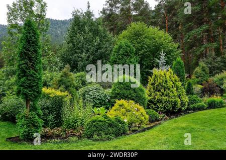 Gemütliche Ecke des Sommergartens in den Bergen, wo verschiedene Laub- und Nadelpflanzen mit verschiedenen Texturen und Farben des Laubs gemischt wurden. Landscapin Stockfoto