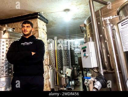 Ein Winzer steht in der Weingärerei Midin Şarapçılık Weingut Südosttürkei, Weintanks, Weintank Stockfoto