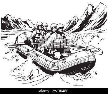 Handskizze von Menschen auf einem Floß Rafting Sport Vektor Illustration Stock Vektor