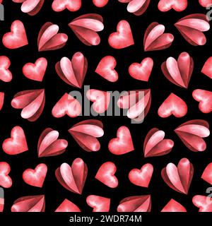 Aquarellrotes Herz nahtloses Muster isoliert auf schwarzem Hintergrund. Handgezeichnet. valentinstag-Konzept. Für Stoff, Textil, Design, Verpackung Stockfoto
