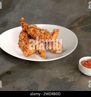 Die Hähnchensticks mit Cocktail oder Chili-Sauce werden in einem Fast Food Restaurant auf einem weißen Teller serviert. Stockfoto