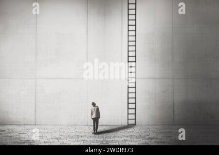 Der Mann sieht erstaunt aus über den surrealen Schatten einer Leiter, die auf eine hohe Mauer in der Straße projiziert wird, das Konzept von Geschäft und Erfolg Stockfoto