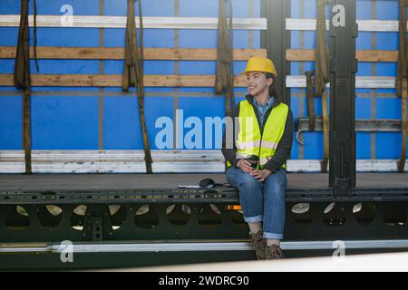 Weiblicher Lagerempfänger in reflektierender Weste und Helm im Laderaum, Anhänger. Stockfoto