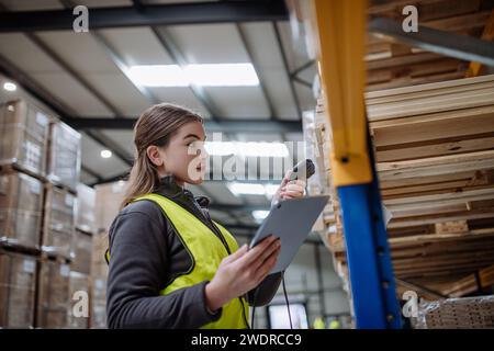 Weibliche Lagerarbeiterin, die einen Scanner hält und die Barcodes auf Produkten im Lager scannt. Lagermanager, der das Lagerscansystem verwendet. Stockfoto