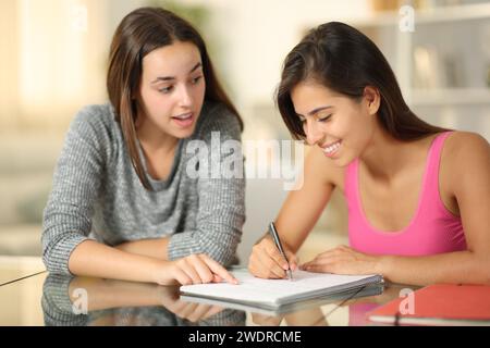 Privatlehrer unterrichtet einen Schüler, der zu Hause Notizen liest Stockfoto