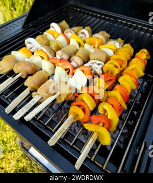 Verschiedene Grillgerichte und Gemüsespieße auf dem Grill im Freien Stockfoto