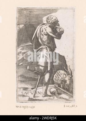 Saturn mit hölzernem Bein und Baby in den Armen, Georges Reverdy, 1536–1569 Druckpapierstich (Geschichte von) Saturn (Cronus). Saturn und seine Kinder („Planetenkinder“) Stockfoto