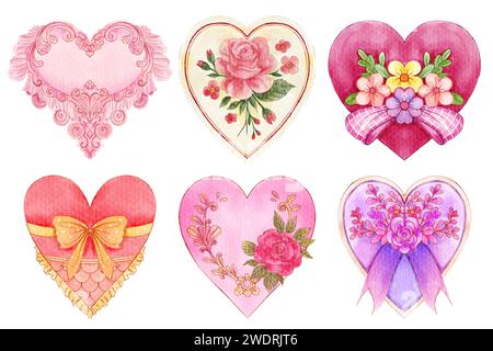 Aquarell Vintage valentinstag Herz Symbol. Satz 1 von 5 . Weißer Isolathintergrund. Abbildung . Stockfoto