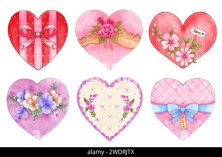 Aquarell Vintage valentinstag Herz Symbol. Satz 2 von 5 . Weißer Isolathintergrund. Abbildung . Stockfoto