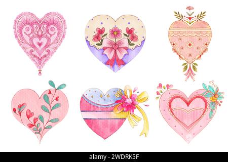 Aquarell Vintage valentinstag Herz Symbol. Satz 5 von 5 . Weißer Isolathintergrund. Abbildung . Stockfoto