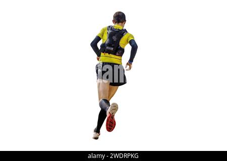 Männlicher Läufer mit Camelback und Kompressionsstrümpfen, der Bergmarathon isoliert auf weißem Hintergrund läuft Stockfoto