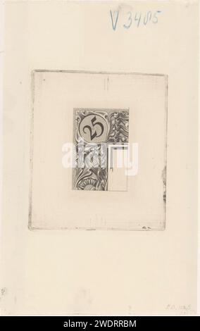 Fragment einer Vorderseite einer Banknote von 25 Gulden, Pieter Dupont, nach Antoon Derkinderen, 1910 Druck Fragment eines rechteckigen Rahmens, der mit Pflanzenmotiven verziert ist. Oben rechts die Zahl „25“. Amsterdam Papier Gravur Ornamente  Kunst Stockfoto