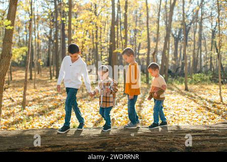 Brüder, die gemeinsam im Wald mit Herbstlaub durch Baumstämme gehen Stockfoto