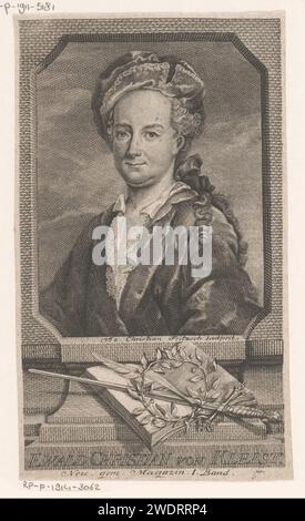 Porträt van Ewald Christian von Kleist, Christian Fritzsch, 1760 Druckpapier mit Gravur historischer Personen. Buch. Kopfschutz: Hut. Hacker- und Schubwaffen: Schwert. pinsel. Krönung mit Lorbeer Stockfoto