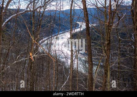 Der Bouchoux Trail in der Nähe von Long Eddy NY ist ein 5,5 km langer Wanderweg am Delaware River, der im Winter unter ein paar Zentimetern Schnee fotografiert wurde Stockfoto