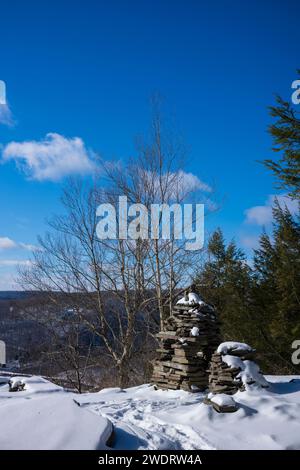 Der Bouchoux Trail in der Nähe von Long Eddy NY ist ein 5,5 km langer Wanderweg am Delaware River, der im Winter unter ein paar Zentimetern Schnee fotografiert wurde Stockfoto