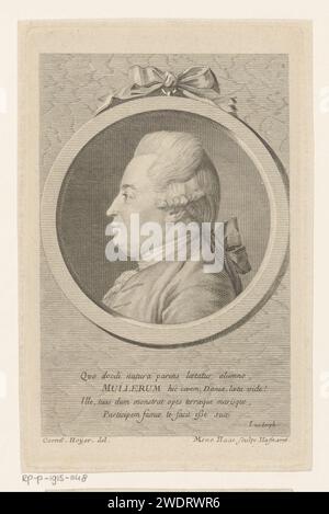 Portret Van Otto Frederik Müller, Meno Haas, nach Cornelius Höyer, 1776 Druck mit Lob in lateinischer Sprache. Kopenhagener Papierstich historischer Personen. Ornament  Medaillon. Botanik Stockfoto