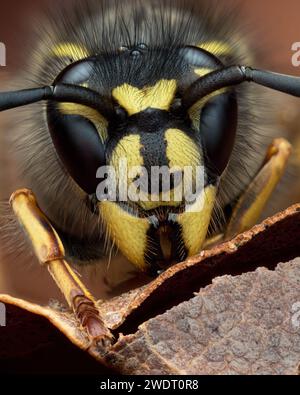 Überwinterende Königin Vespula vulgaris Wasp in Eichenblattstreu. Tipperary, Irland Stockfoto