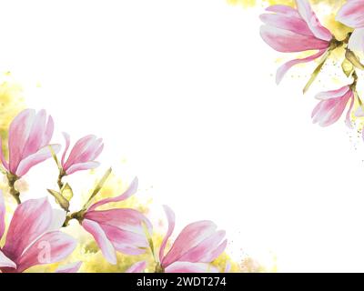 Blumenrahmen, Banner Aquarellrosa Magnolien Frühlingsblumen, Knospen, Blätter handgemalt isolierte Illustration Weißer Hintergrund mit grünen Flecken Stockfoto