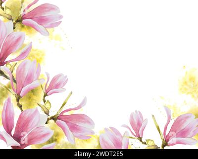 Blumenrahmen, Fahne mit Aquarell rosa Magnolien Blumen, Knospen, Blätter Hand bemalt isolierte Illustration Weißer Hintergrund mit grünem Aquarell Stockfoto