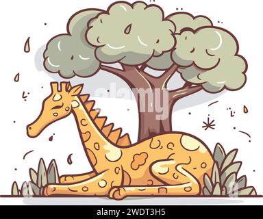 Cartoon-Giraffe, die unter einem großen Baum sitzt. Vektorabbildung. Stock Vektor