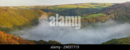 Abendnebel im Tal des East Lyn River, in der Nähe von Lynmouth, Exmoor National Park, Devon, England, Vereinigtes Königreich, Europa Stockfoto