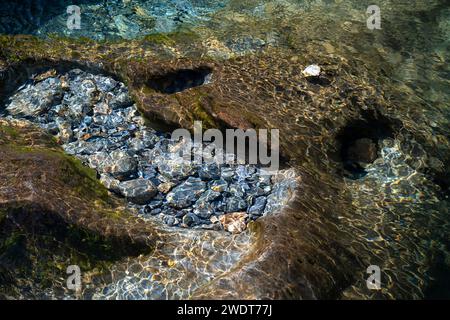 Wellen und Steinmuster im klaren Wasser von Afon Cwm Llan, Cwm Llan, Watkin Path, Snowdonia National Park (Eryri), Nordwales Stockfoto