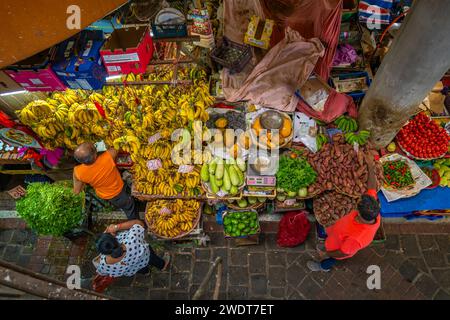 Blick auf Produkte wie Gemüse und Bananen an Marktständen im Central Market in Port Louis, Port Louis, Mauritius, Indischer Ozean, Afrika Stockfoto