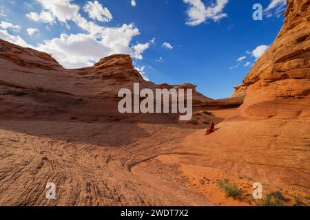 Ein Mädchen bewundert die wunderschöne Landschaft der Felsformationen in der Nähe der Stadt Page, Arizona, USA, Nordamerika Stockfoto