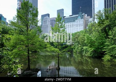 Blick auf die Stadtlandschaft von Manhattan vom Teich aus, einem von sieben Wasserkörpern im Central Park in der Nähe des Grand Army Plaza Stockfoto