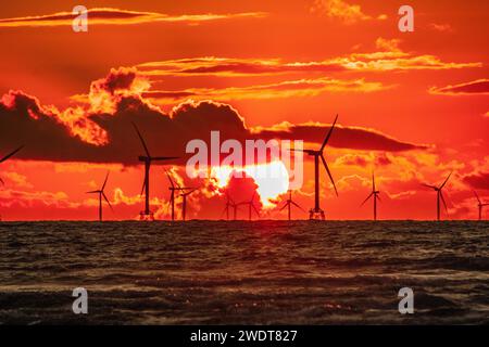 Blick bei Sonnenuntergang auf den entfernten Walney Offshore Windpark von Walney Island an der Cumbrian Coast, Furness Peninsula, Cumbria, England Stockfoto