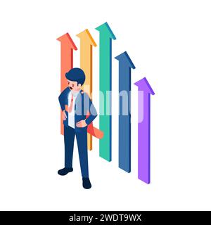 Flacher 3D-Isometrischer Geschäftsmann stehend mit steigendem Diagramm. Business Success and Leadership Concept. Stock Vektor