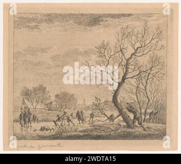 Januar: Winterlandschaft mit Skatern, Johannes Janson, 1783 Druck Winterlandschaft mit Skatern und rechts im Vordergrund ein Mann mit Axt in der Nähe eines Baumes. Ein Dorf im Hintergrund. Papierätzschuhe (Wintersport) Stockfoto