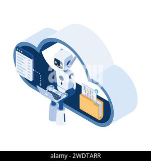 Flacher isometrischer 3D-AI-Roboter, der auf der Cloud arbeitet. Künstliche Intelligenz im Cloud-Computing-Konzept. Stock Vektor