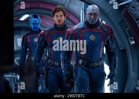 Guardians of the Galaxy Vol. 3 (2023) von James Gunn mit Chris Pratt, Chukwudi Iwuji und Bradley Cooper. Peter Quill ist immer noch vom Verlust Gamoras betroffen und sammelt sein Team, um das Universum und eine ihrer eigenen zu verteidigen – eine Mission, die das Ende der Wächter bedeuten könnte, wenn sie nicht erfolgreich sind. Werbefoto ***NUR REDAKTIONELLE VERWENDUNG***. Quelle: BFA / Jessica Miglio / Marvel Studios Stockfoto