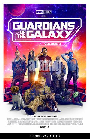 Guardians of the Galaxy Vol. 3 (2023) von James Gunn mit Chris Pratt, Chukwudi Iwuji und Bradley Cooper. Peter Quill ist immer noch vom Verlust Gamoras betroffen und sammelt sein Team, um das Universum und eine ihrer eigenen zu verteidigen – eine Mission, die das Ende der Wächter bedeuten könnte, wenn sie nicht erfolgreich sind. US-Poster mit einem Blatt ***NUR FÜR REDAKTIONELLE ZWECKE***. Quelle: BFA / Walt Disney Studios Stockfoto