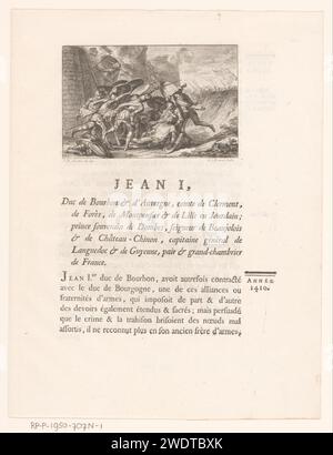 Jan I. van Bourbon verletzt in der Schlacht von Azincourt, Benoit Louis Prevost, nach Jean Michel Moreau, 1772 Druck Paris Papier Radierung / Gravur / Buchdruck Adel und Patriziat; Ritterlichkeit, Ritterschaft. Die Kranken, Verwundeten und Toten vom Schlachtfeld zu tragen Stockfoto