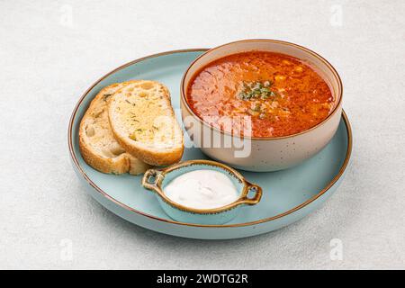 Portion slawischer traditioneller roter Suppe Borscht Stockfoto