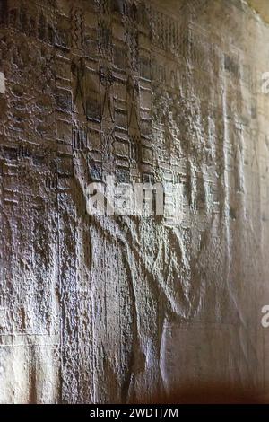 Ägypten, Sakkara, Unas-Pyramide, Nachahmung der Palastfassade auf wiederverwendeten Alabaster-Blöcken. Unter einem gewissen Licht sieht man immer noch fantasievolle Silhouetten. Stockfoto