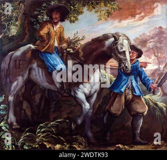 König Karl II. (1630–1685) auf Humphrey Penderels Mühlenpferd, Gemälde in Öl auf Leinwand von Isaac Fuller, 1660-1669 Stockfoto