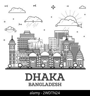 Umreißen Sie die Skyline der Stadt Dhaka Bangladesch mit modernen und historischen Gebäuden, die auf weiß isoliert sind. Vektorabbildung. Dhaka Stadtbild mit Wahrzeichen. Stock Vektor